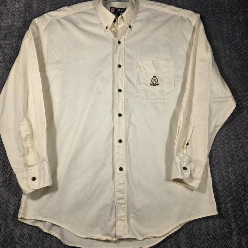 Vintage Ralph Lauren Chaps Herringbone Button Down Shirt Men's Large Beige Crest